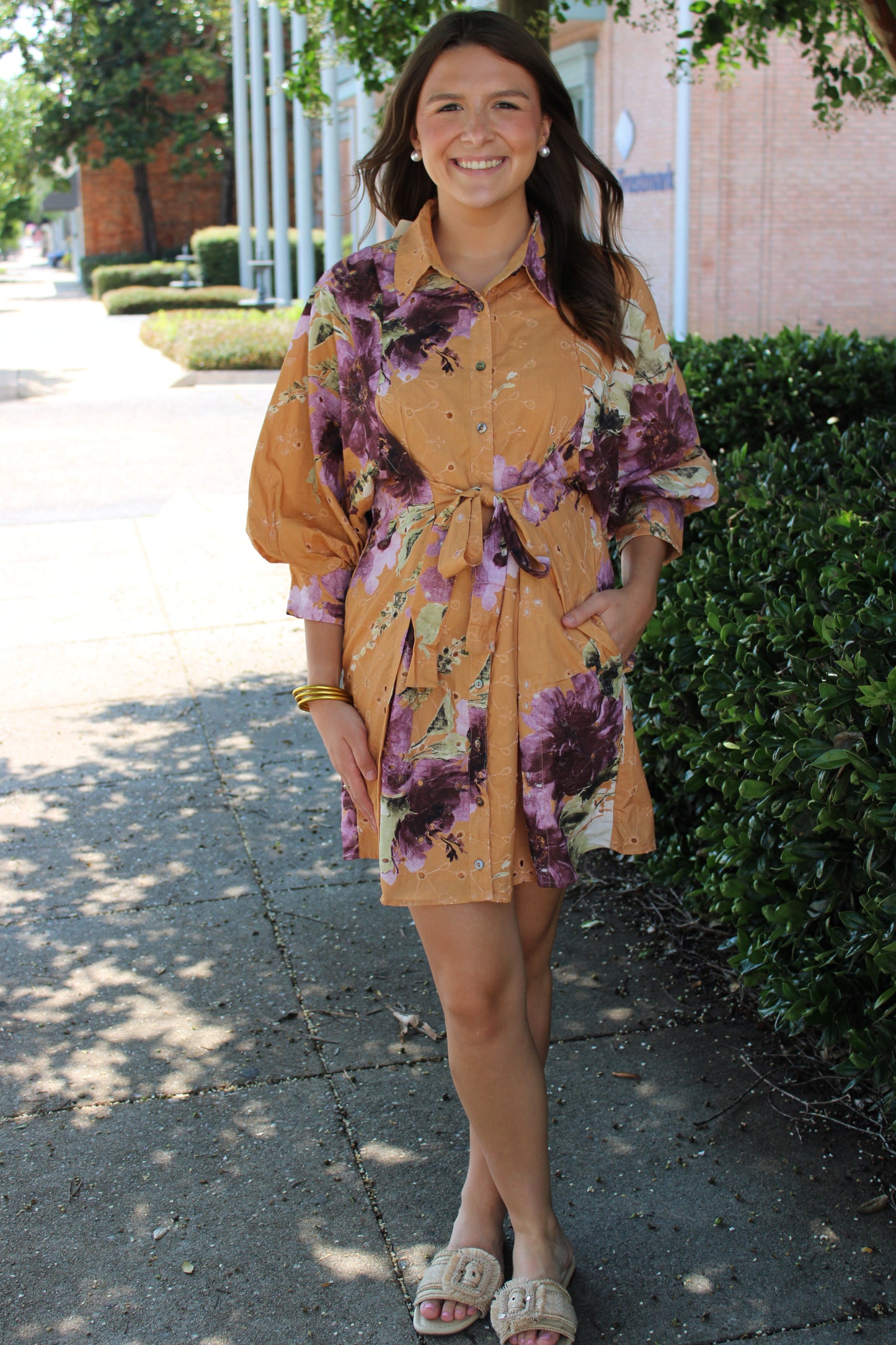 Pumpkin Print Tie Front Mini Dress