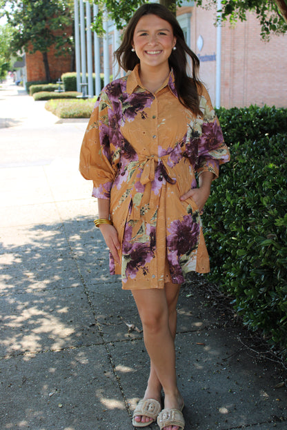 Pumpkin Print Tie Front Mini Dress