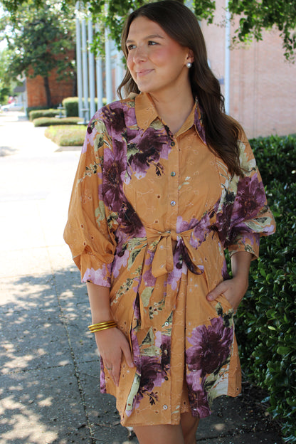 Pumpkin Print Tie Front Mini Dress
