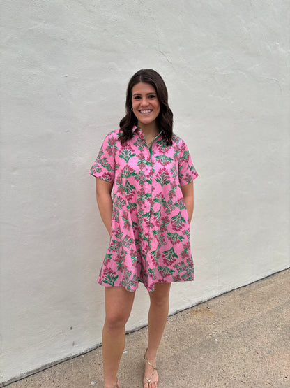 Pink/Green Floral Mini Collard Dress