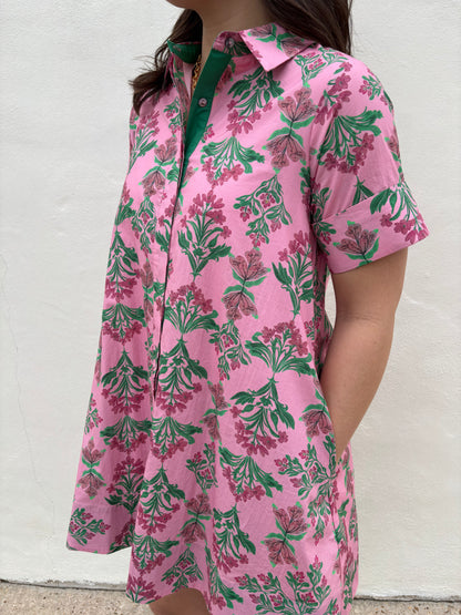 Pink/Green Floral Mini Collard Dress