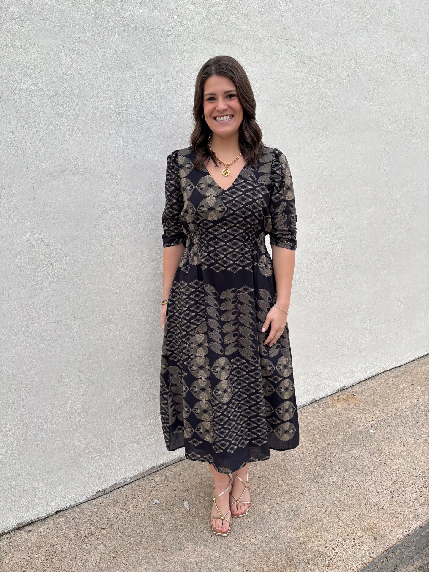 Ruched Puff Sleeve Midi Dress