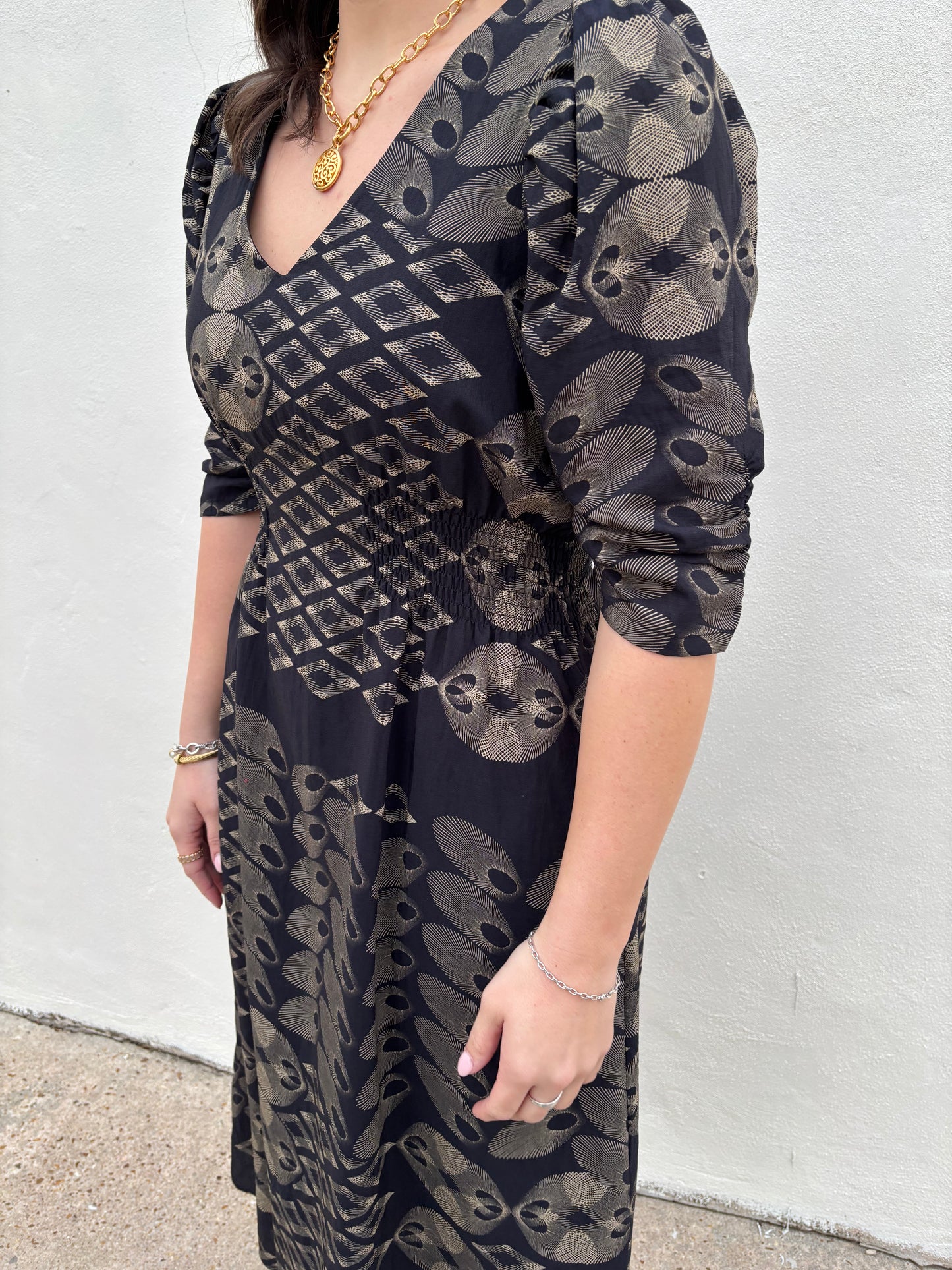 Ruched Puff Sleeve Midi Dress