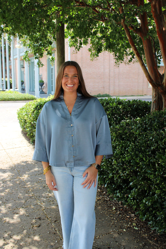 Ruffle V-neck Wide Sleeve Top Slate Blue