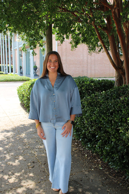 Ruffle V-neck Wide Sleeve Top Slate Blue