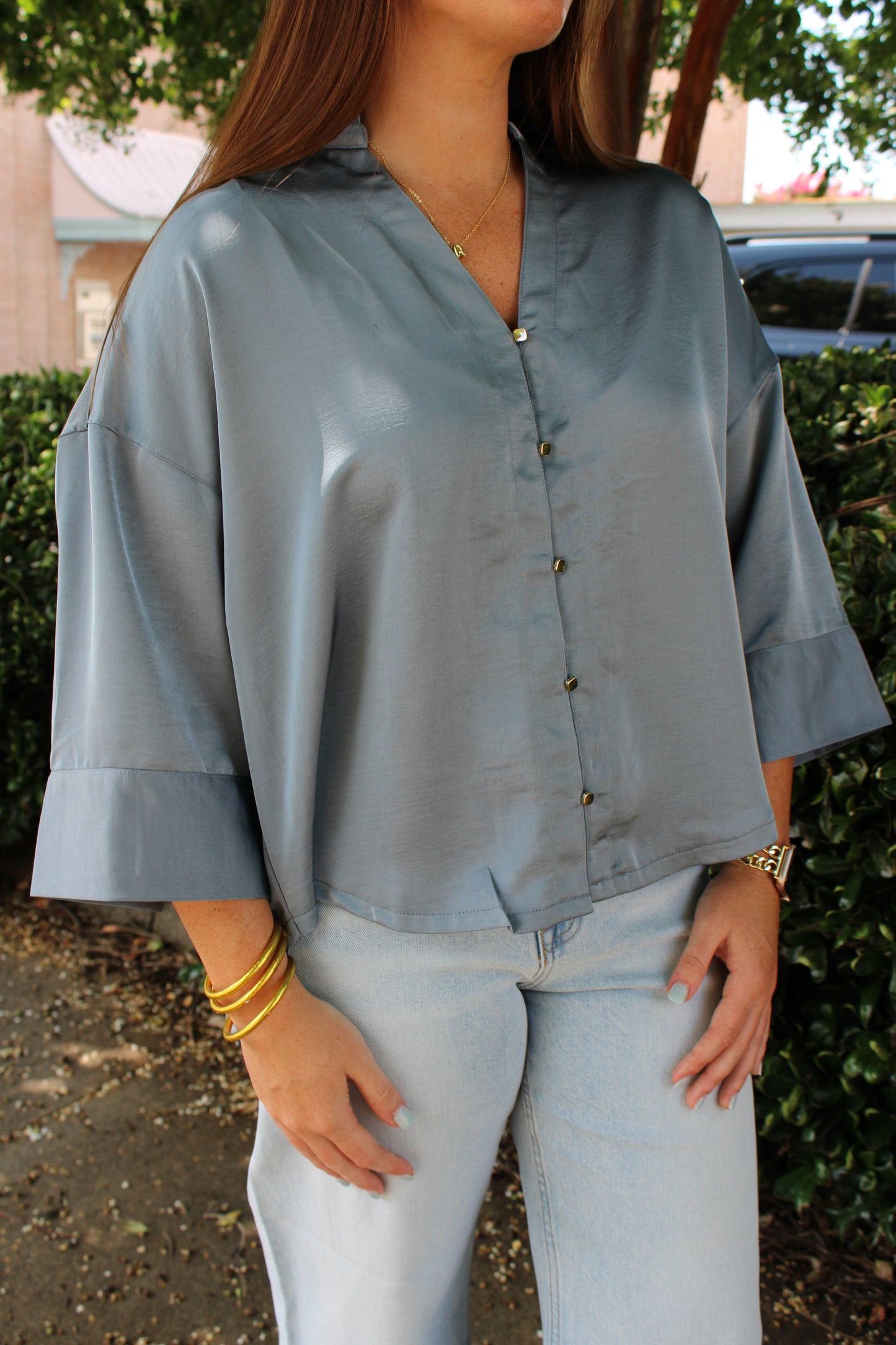 Ruffle V-neck Wide Sleeve Top Slate Blue