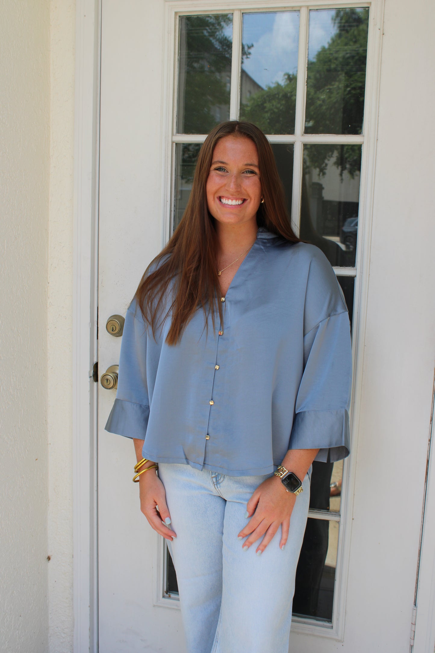 Ruffle V-neck Wide Sleeve Top Slate Blue