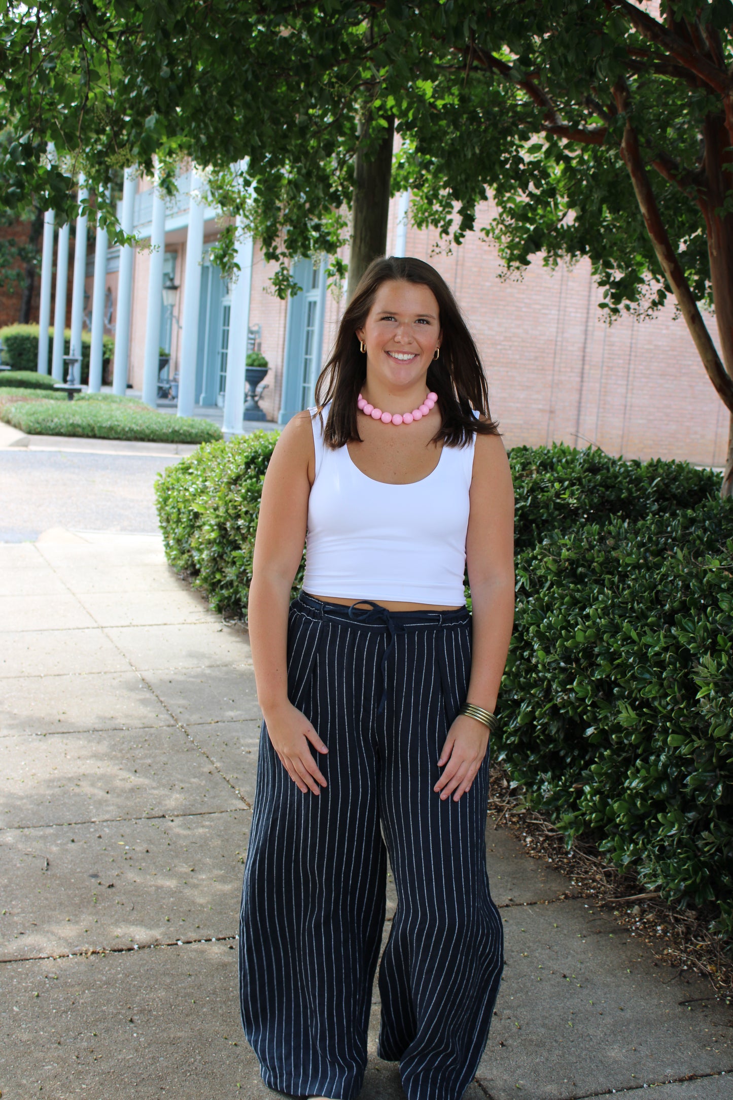 Wide Leg Linen Pants Navy Stripe