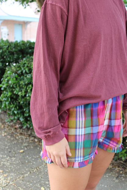 Pink/Navy Plaid Ruffle Shorts