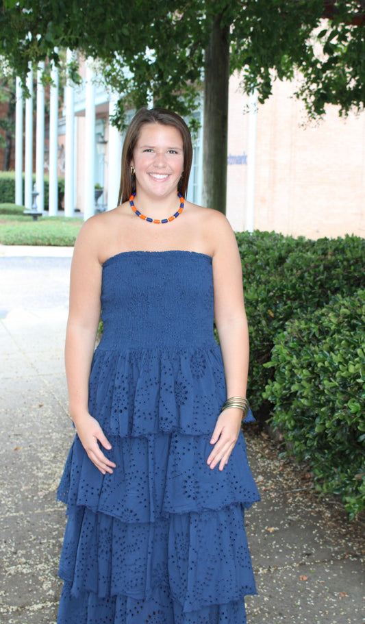 Eyelet Smock Tiered Maxi Dress Navy