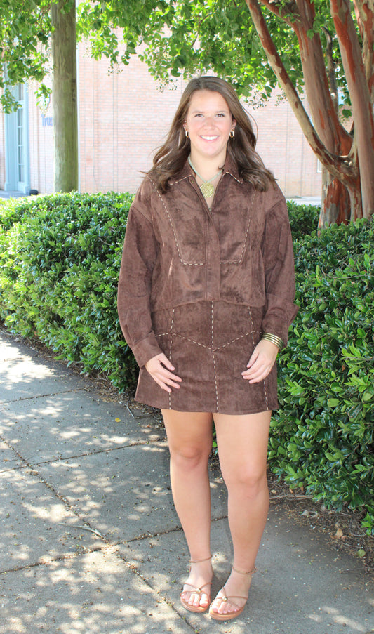 Fudge Brown Faux Suede Jacket With Piping
