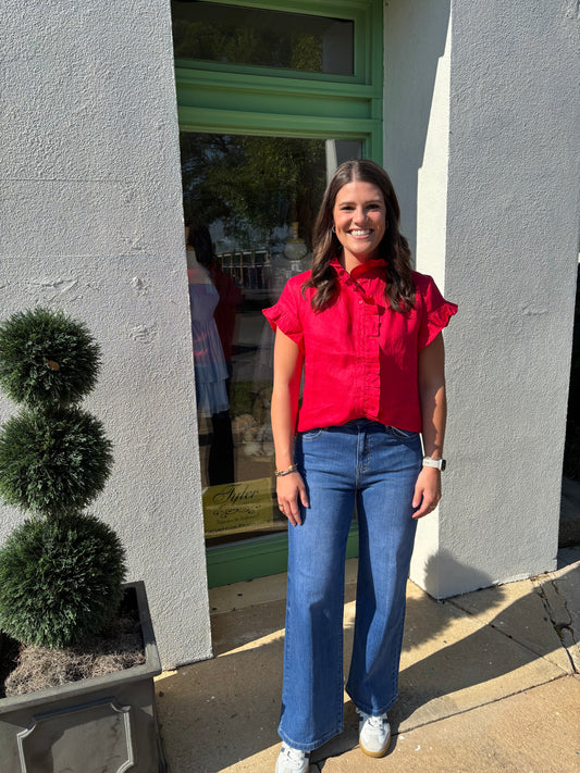 Linen Ruffle Shirt Red