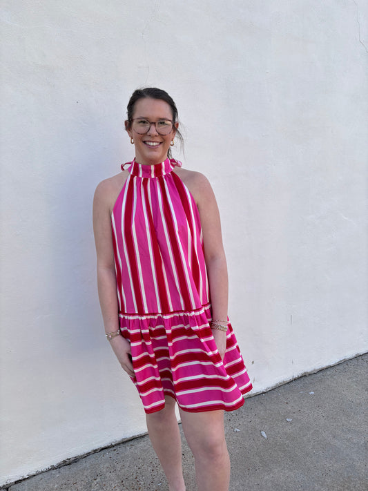 PInk & Red Stripe Halter Dress