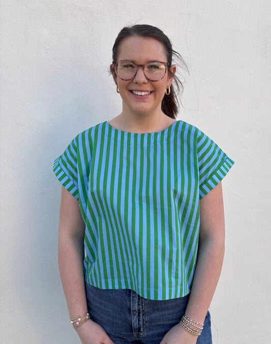 Green & blue Stripe Button Back Top