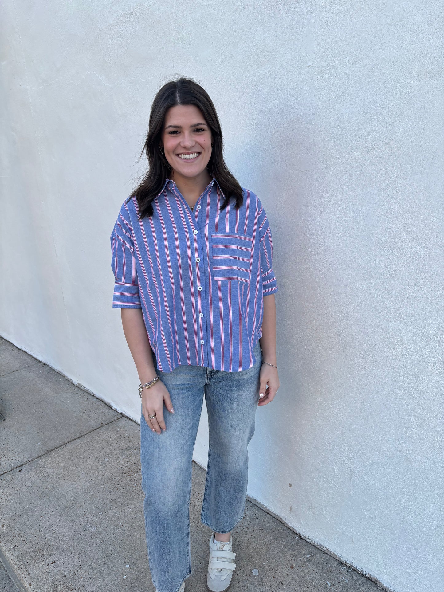Blue Stripe Button Short Sleeve Top