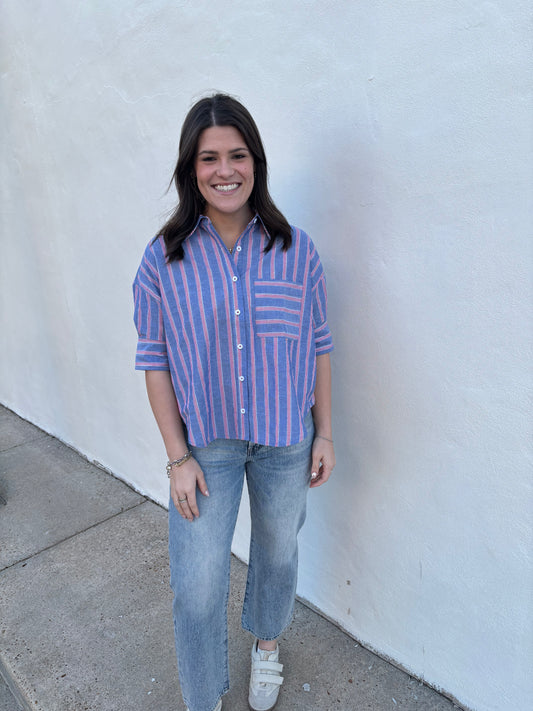 Blue Stripe Button Short Sleeve Top