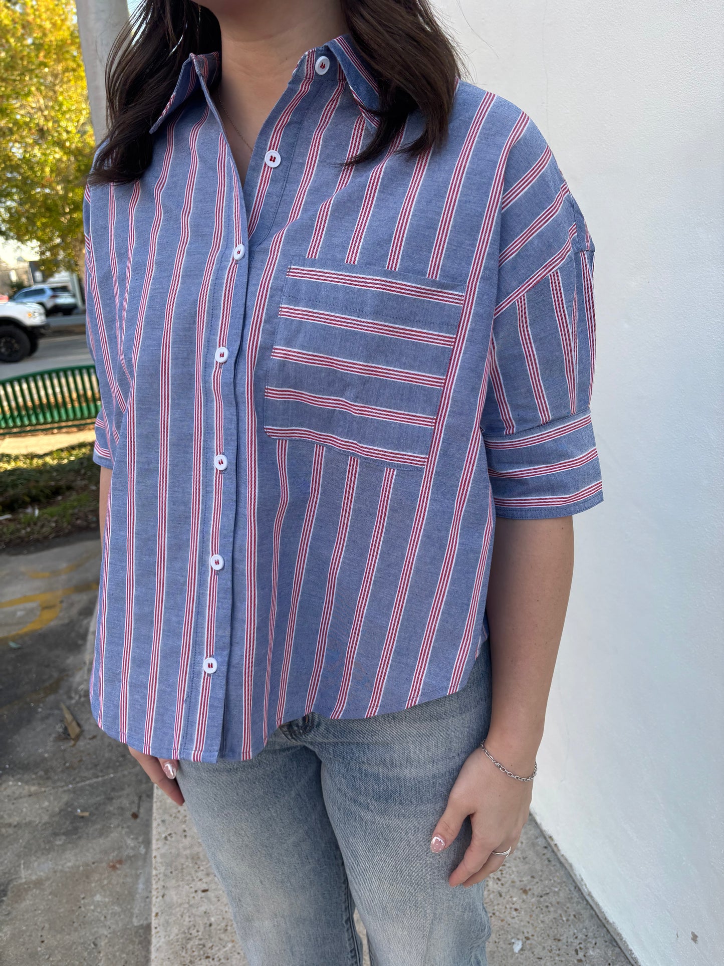 Blue Stripe Button Short Sleeve Top