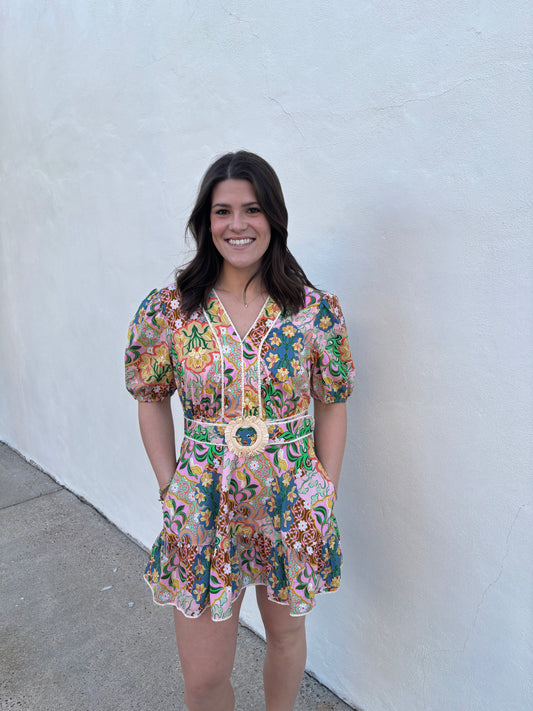 Multi Flower Belted Mini Dress