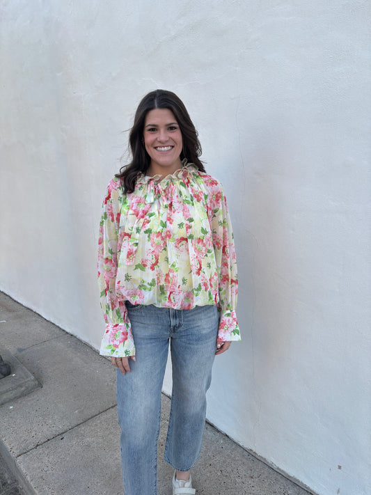 Floral Print Picot Stitch Detail Blouse