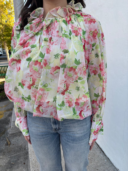 Floral Print Picot Stitch Detail Blouse