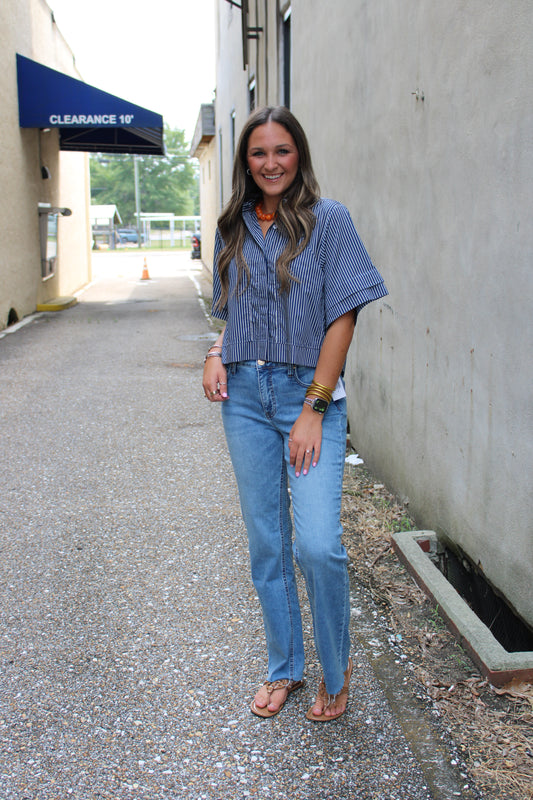 Blue Stripe Button Front Top