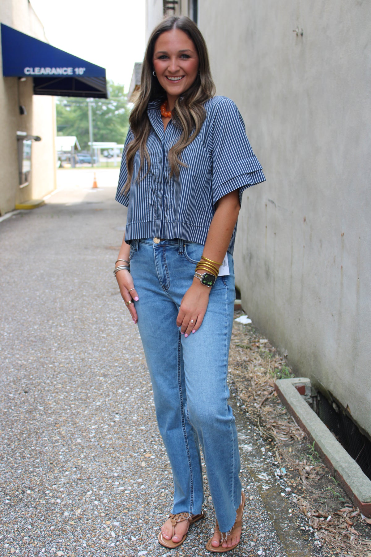 Blue Stripe Button Front Top