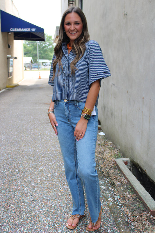 Blue Stripe Button Front Top