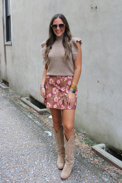 Retro Floral Print Pleat Detail Mini Skirt