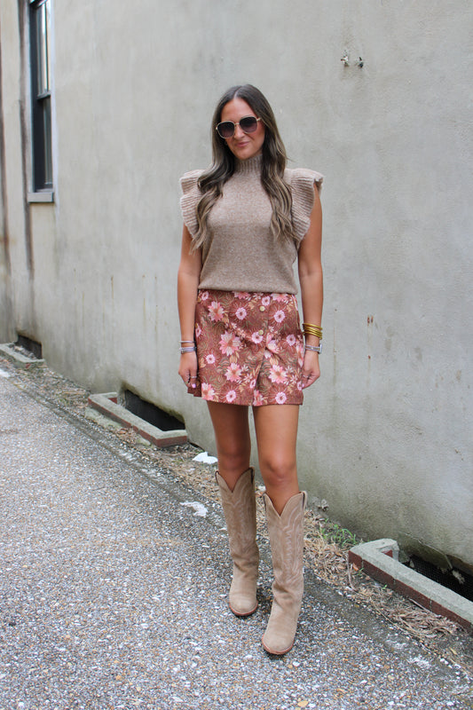 Retro Floral Print Pleat Detail Mini Skirt