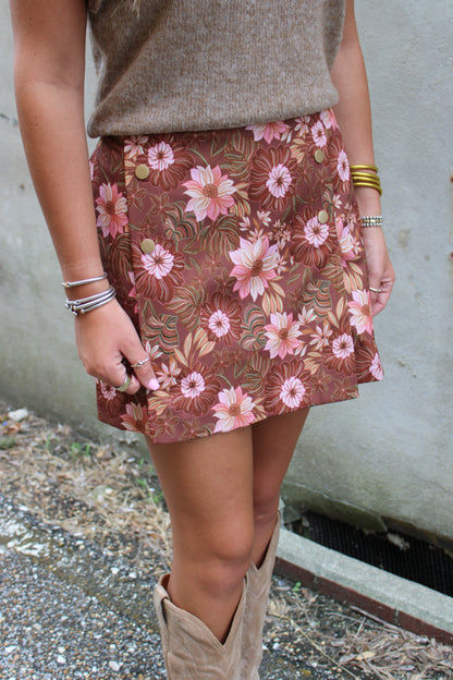 Retro Floral Print Pleat Detail Mini Skirt