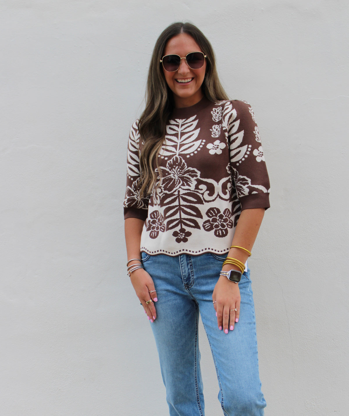 Brown Floral Knit Sweater