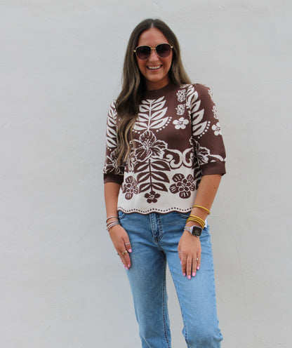 Brown Floral Knit Sweater