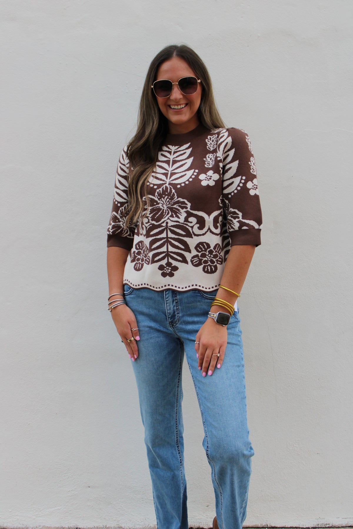 Brown Floral Knit Sweater
