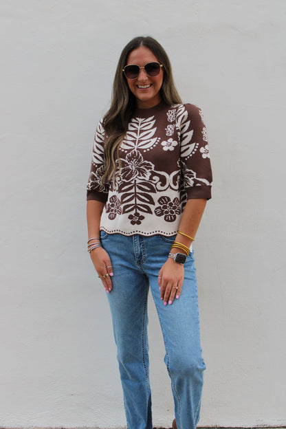 Brown Floral Knit Sweater