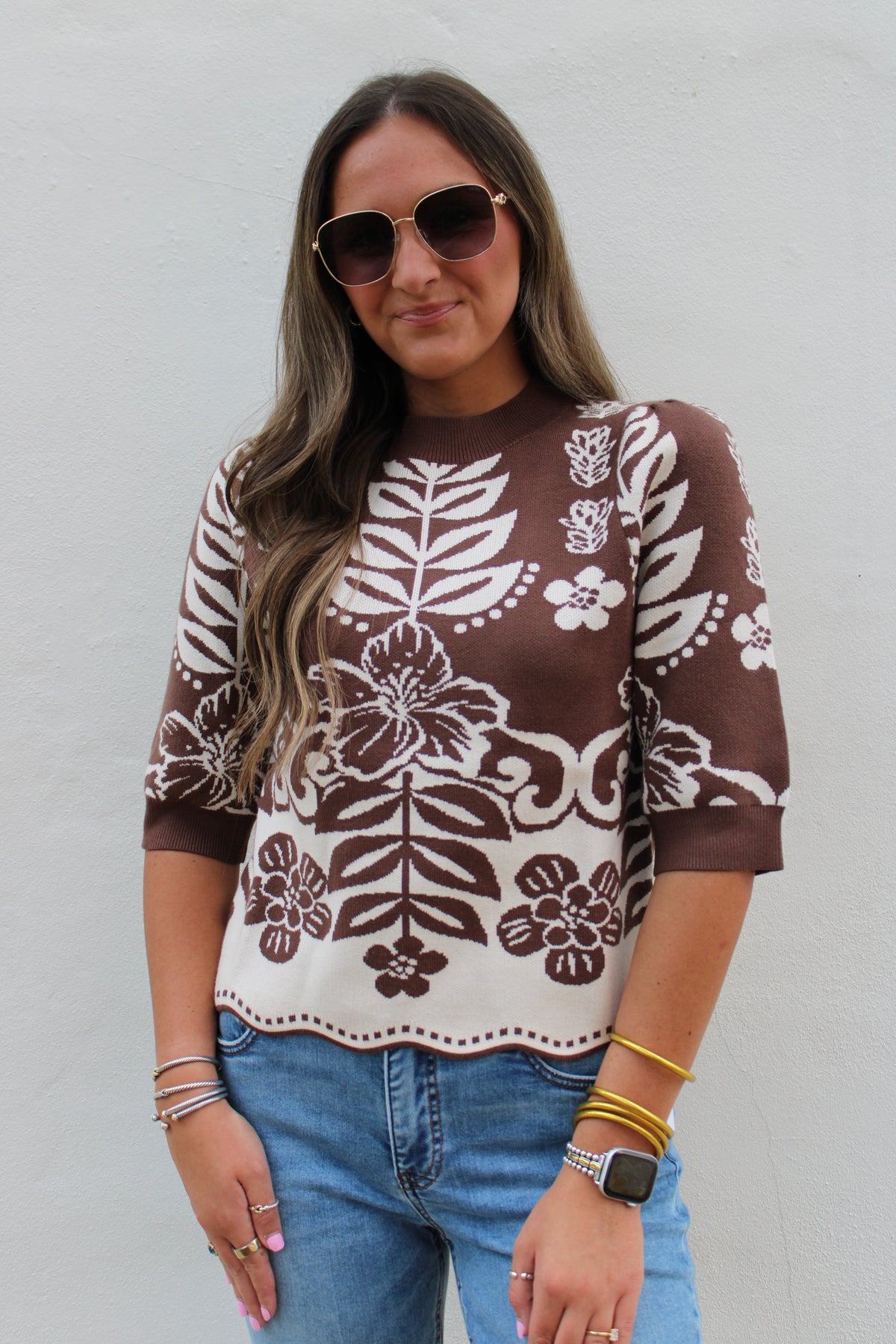 Brown Floral Knit Sweater