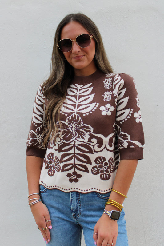 Brown Floral Knit Sweater