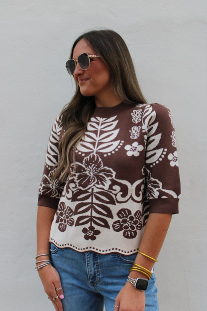 Brown Floral Knit Sweater
