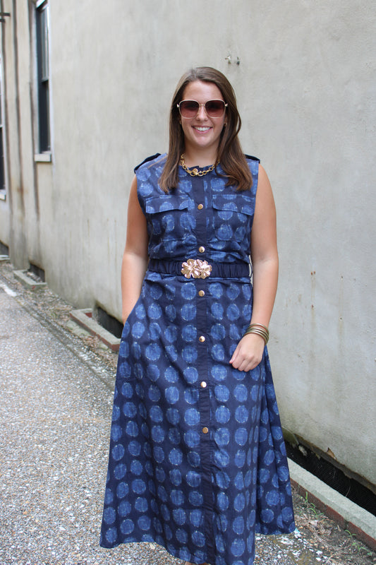 Textured Polka Dot Print Button Down Belted Midi Dress
