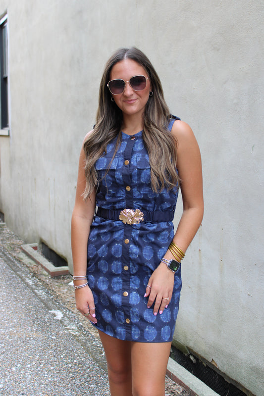 Textured Polka Dot Print Button Down Belted Mini Dress