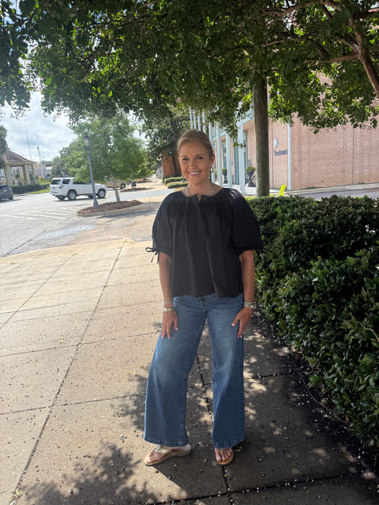 Adjustable Tie Detail Sleeve Pleated Cotton Top in Black