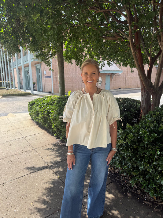 Adjustable Tie Detail Sleeve Cotton Top in Cream