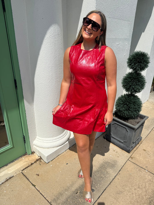 Flounced Hem Sleeveless Dress in Red