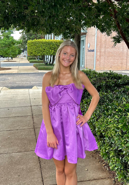 Bow Strapless purple mini dress