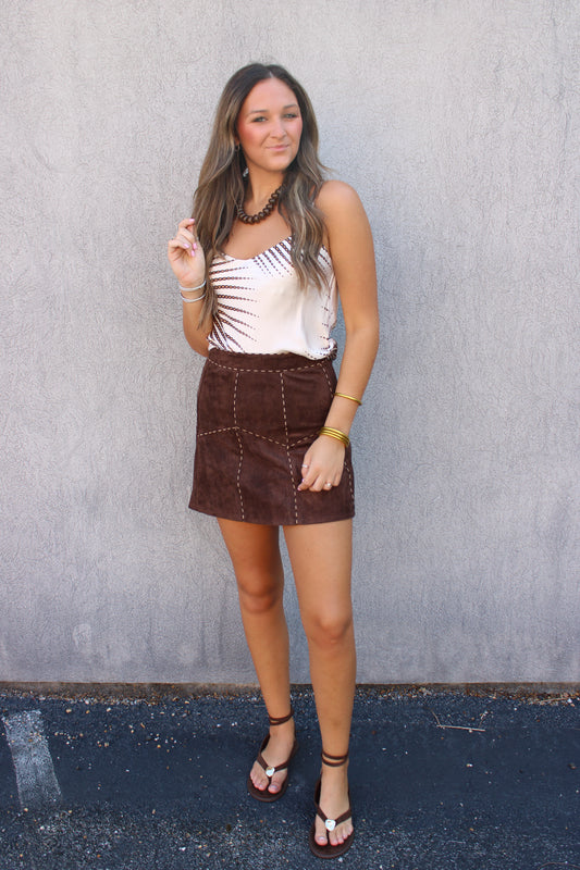 Fudge Brown Suede Piping Mini Skirt