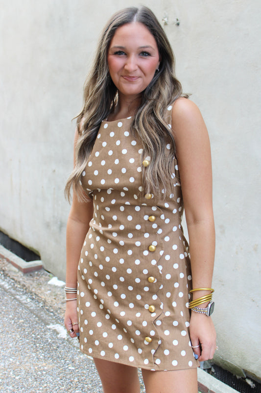 Scalloped Front Polka Dot Romper  with Gold Button Details