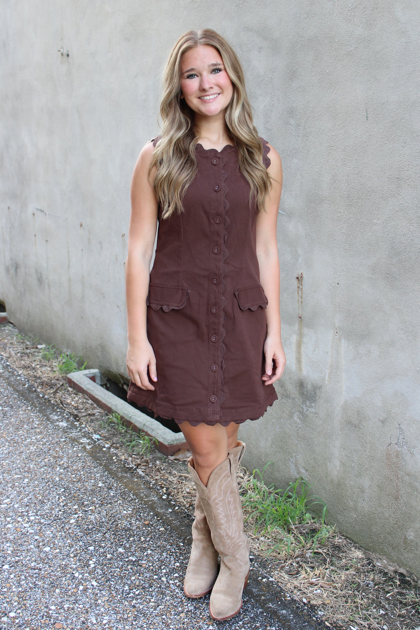 Brown Scalloped Detail Dress