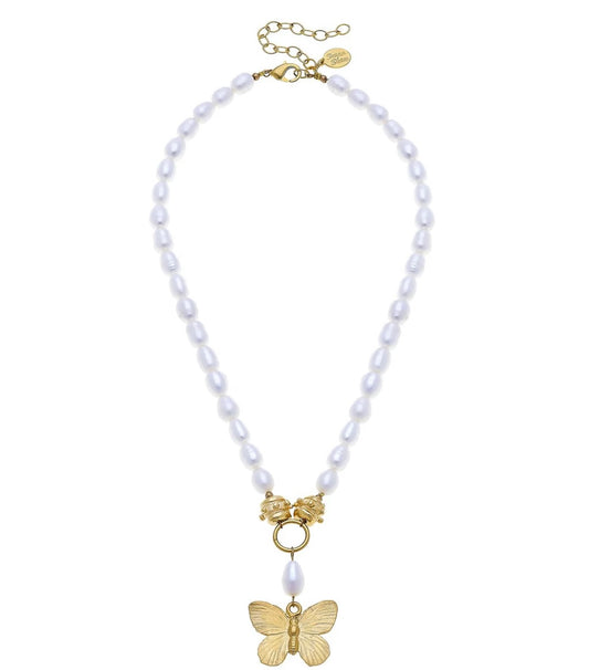 Gold Butterfly on Freshwater Pearl Necklace