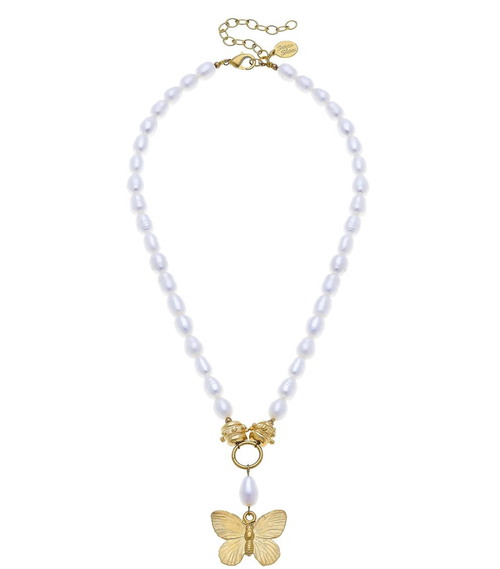 Gold Butterfly on Freshwater Pearl Necklace