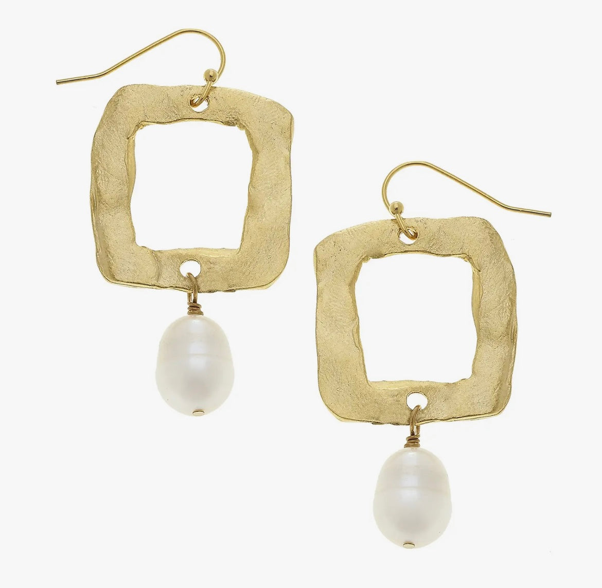 Gold Open Square and Genuine Freshwater Pearl Earrings