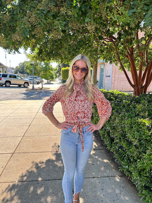 Becca Printed Eyelet Cropped Blouse Clay